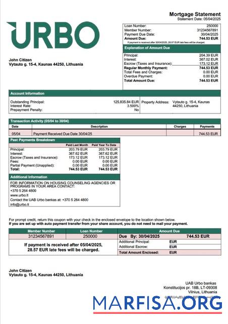 Realistic Lithuania UAB Urbo bankas mortgage statement Word and PDF template